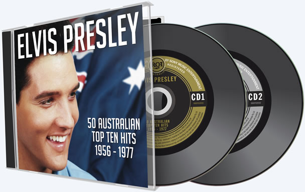 Cover and CD label art for Elvis Presley: 50 Australian Top Ten Hits 1956-1977